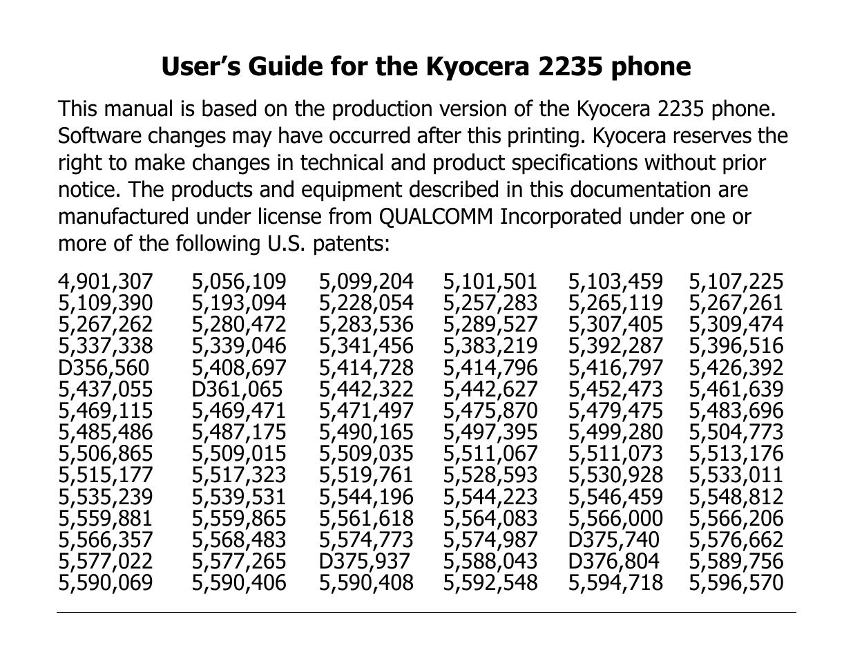 User’s guide for the kyocera 2235 phone | Kyocera Phone 2235 User Manual | Page 2 / 136
