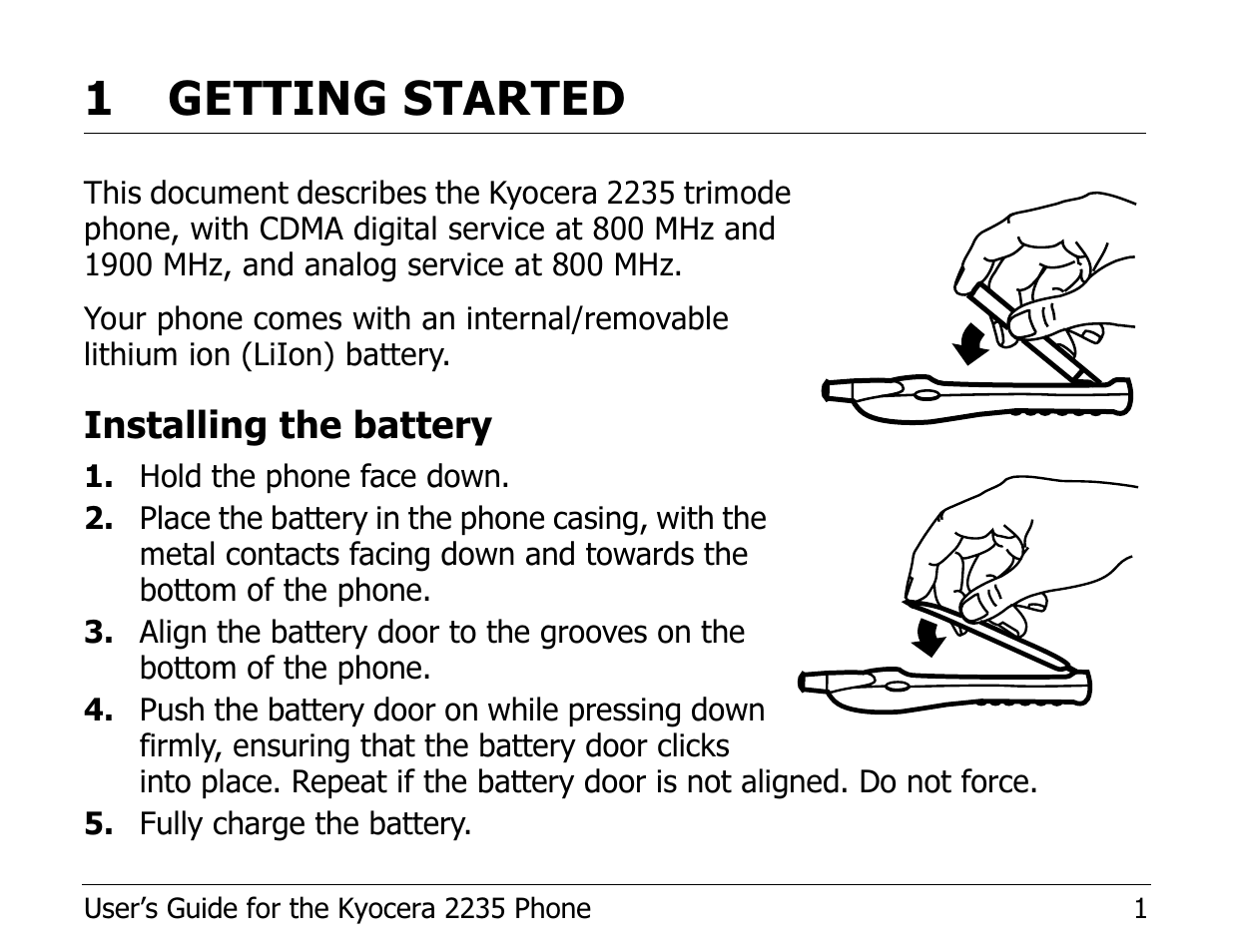 1 getting started, Installing the battery | Kyocera Phone 2235 User Manual | Page 21 / 136