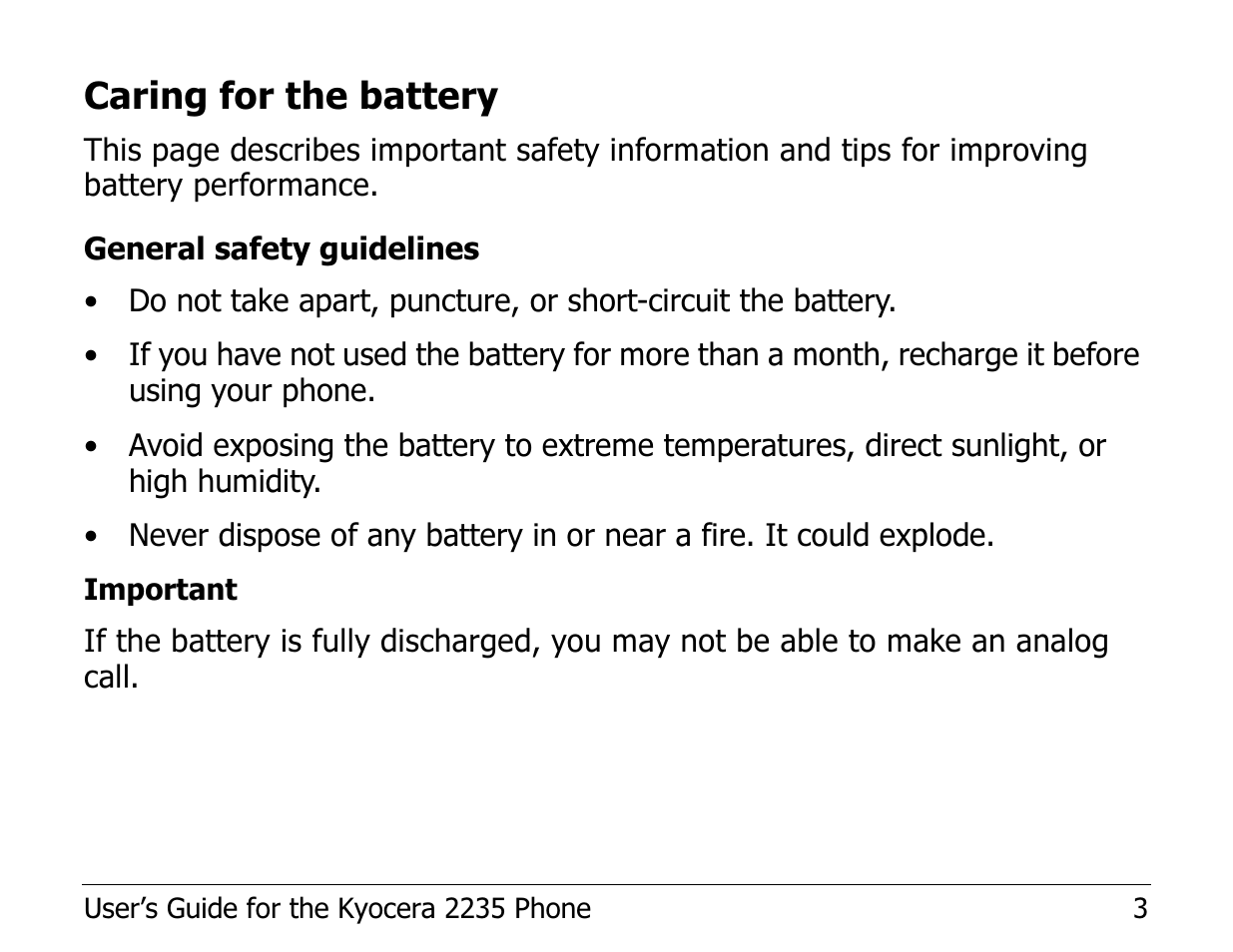 Caring for the battery | Kyocera Phone 2235 User Manual | Page 23 / 136