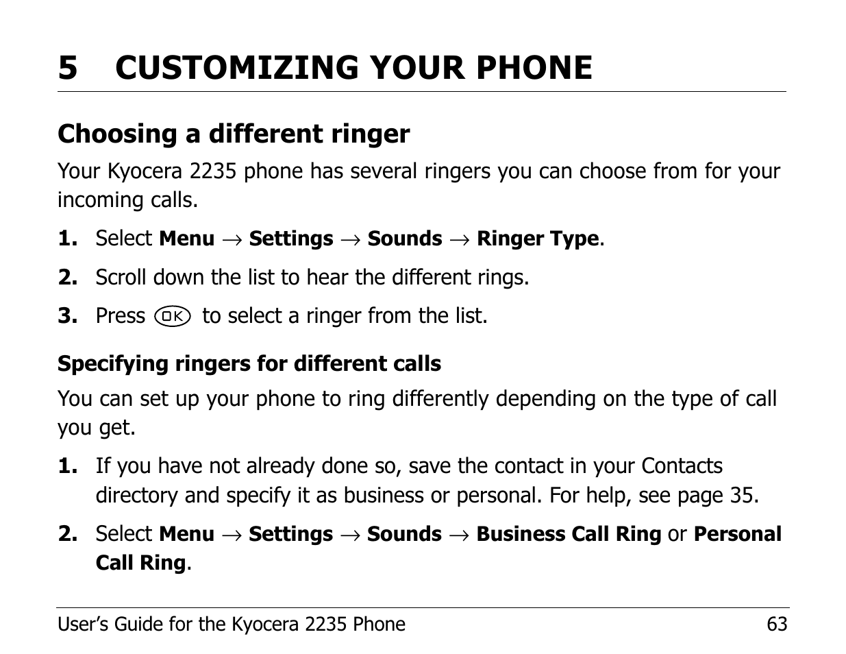 5 customizing your phone, Choosing a different ringer | Kyocera Phone 2235 User Manual | Page 83 / 136