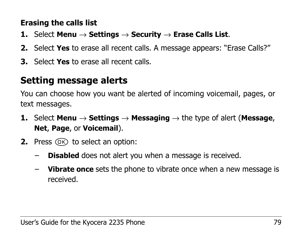 Setting message alerts | Kyocera Phone 2235 User Manual | Page 99 / 136