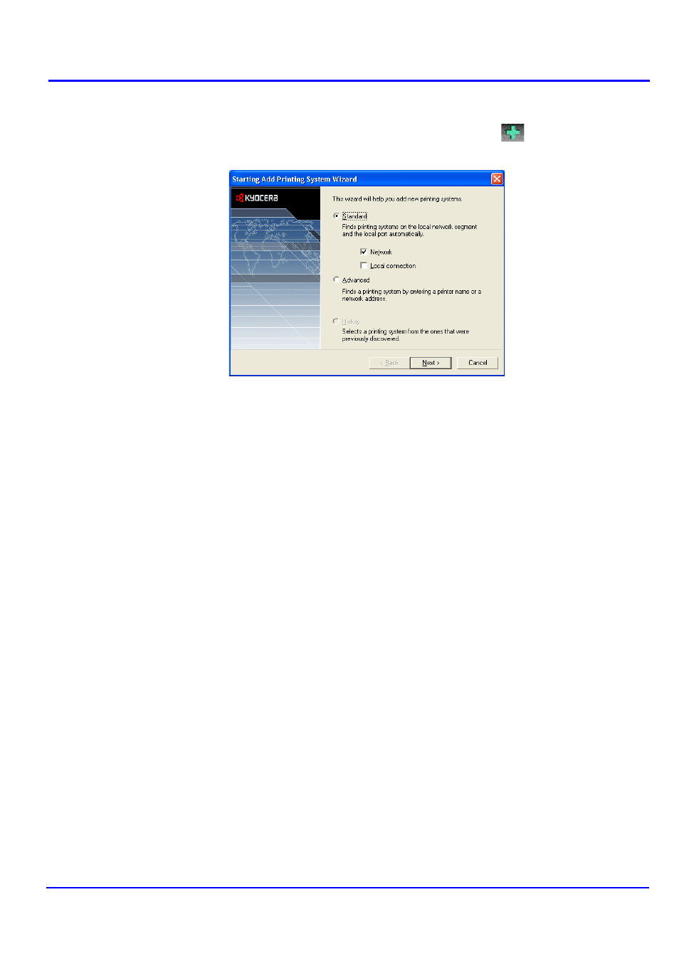 Add printing system wizard, Adding the printing systems using standard mode | Kyocera KM-NET User Manual | Page 14 / 64