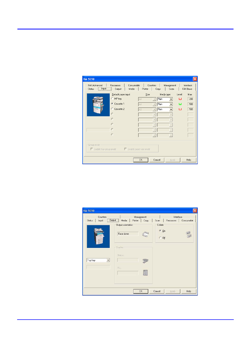 Input tab, Output tab, Input tab 5.4. output tab | Kyocera KM-NET User Manual | Page 21 / 64