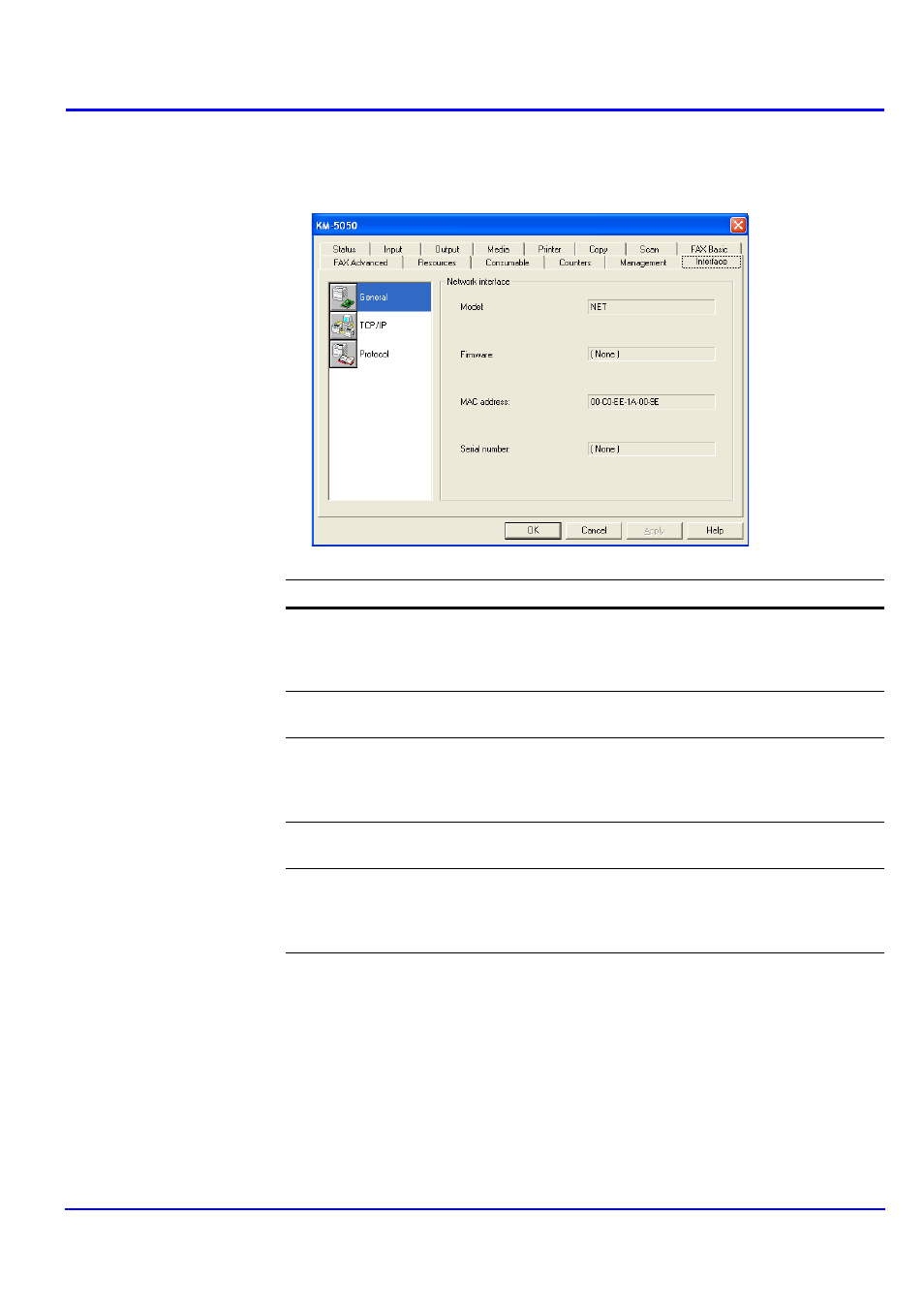 Interface tab | Kyocera KM-NET User Manual | Page 35 / 64