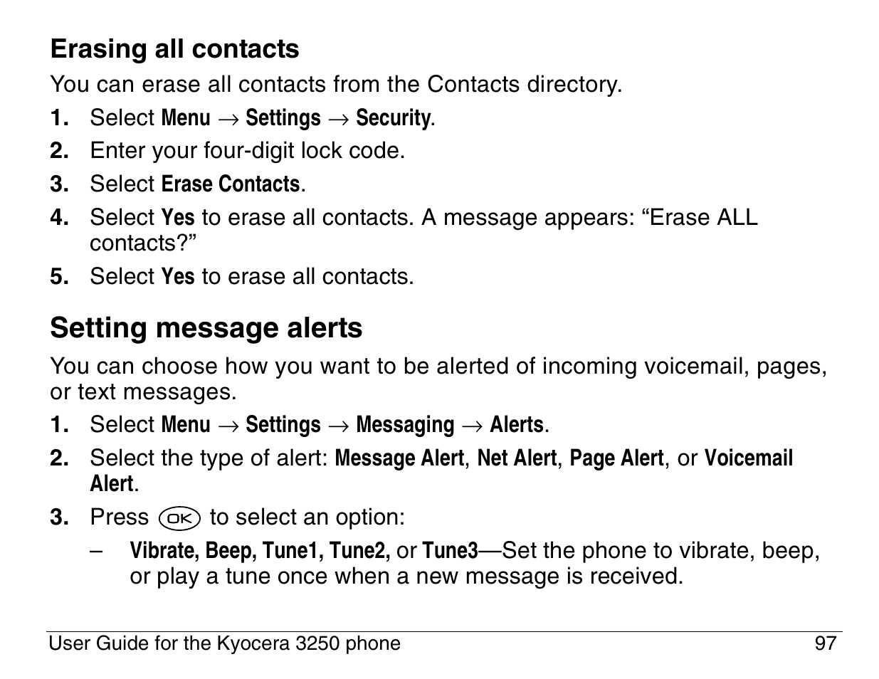 Setting message alerts | Kyocera 3200 series User Manual | Page 115 / 155