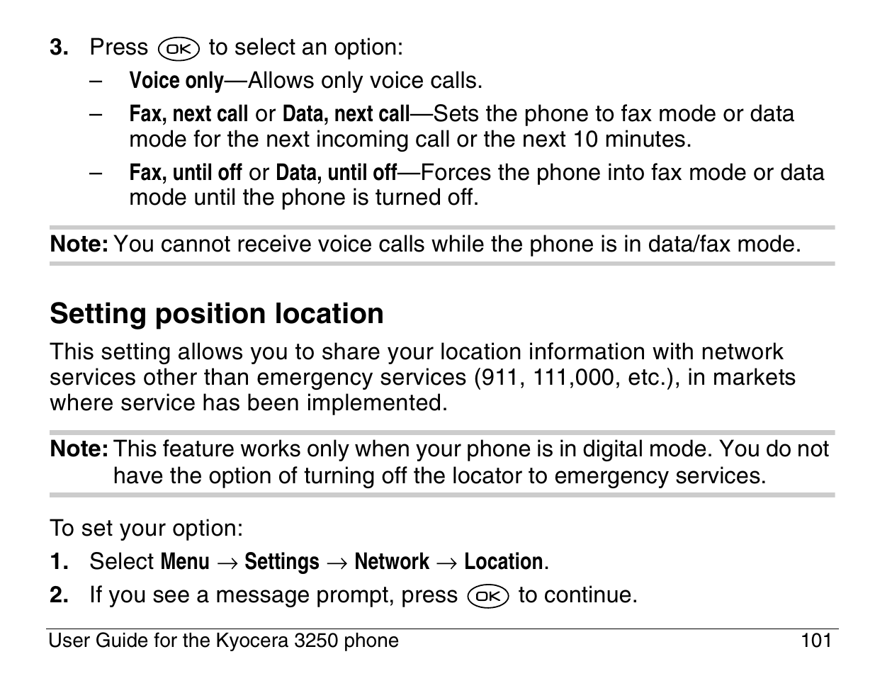 Setting position location | Kyocera 3200 series User Manual | Page 119 / 155