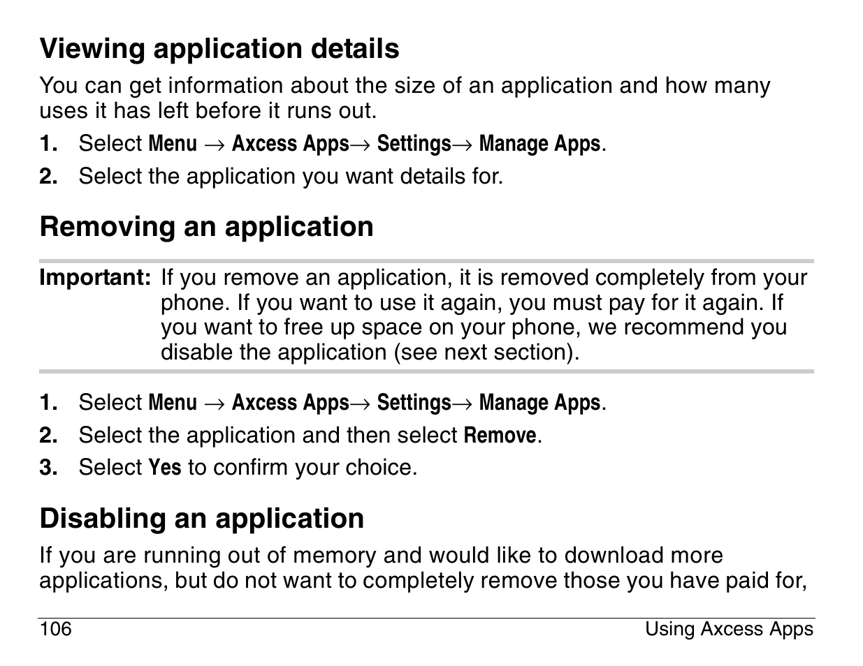 Viewing application details, Removing an application, Disabling an application | Kyocera 3200 series User Manual | Page 124 / 155