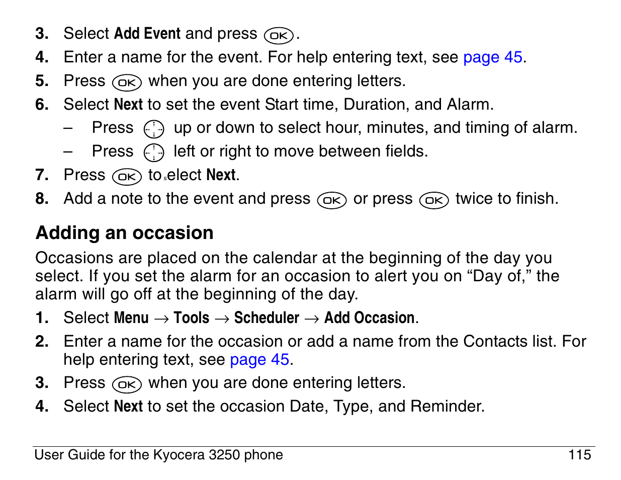 Adding an occasion | Kyocera 3200 series User Manual | Page 133 / 155