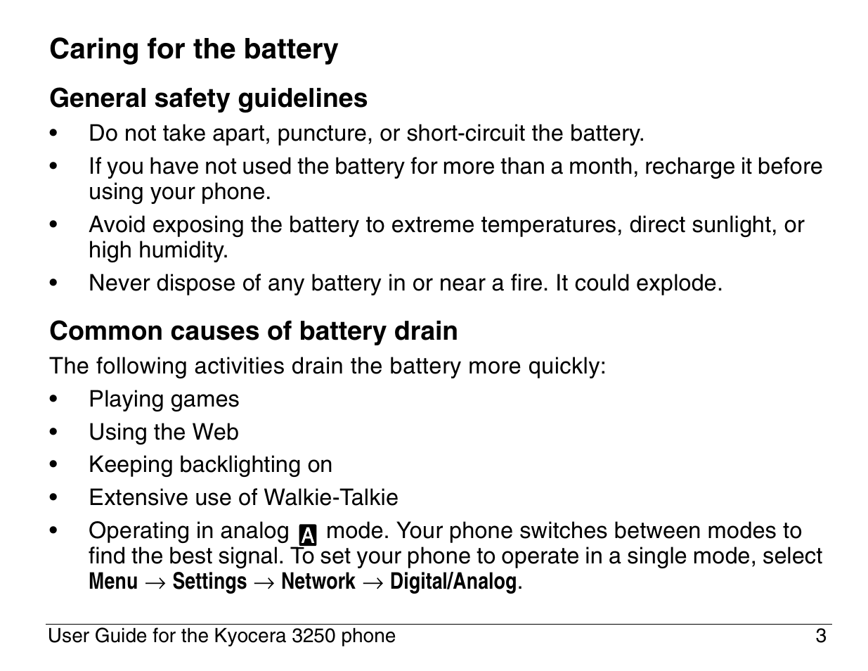 Caring for the battery | Kyocera 3200 series User Manual | Page 21 / 155