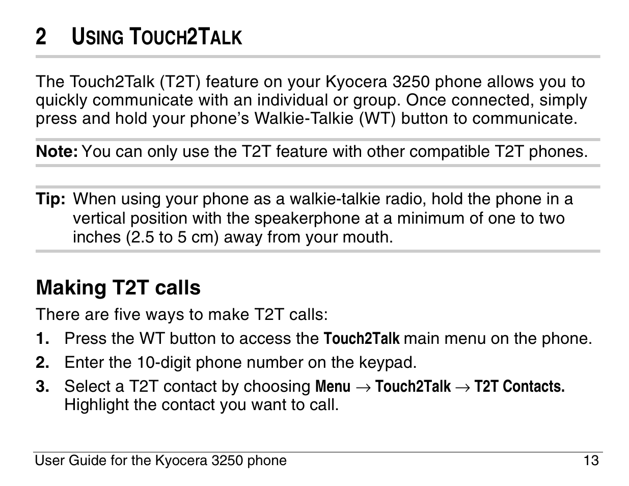 Making t2t calls | Kyocera 3200 series User Manual | Page 31 / 155