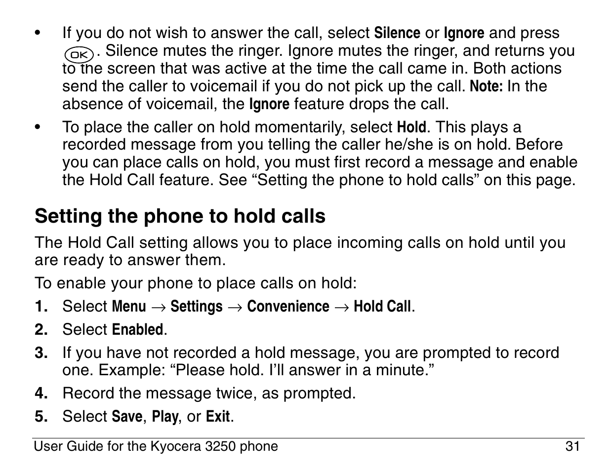 Setting the phone to hold calls | Kyocera 3200 series User Manual | Page 49 / 155