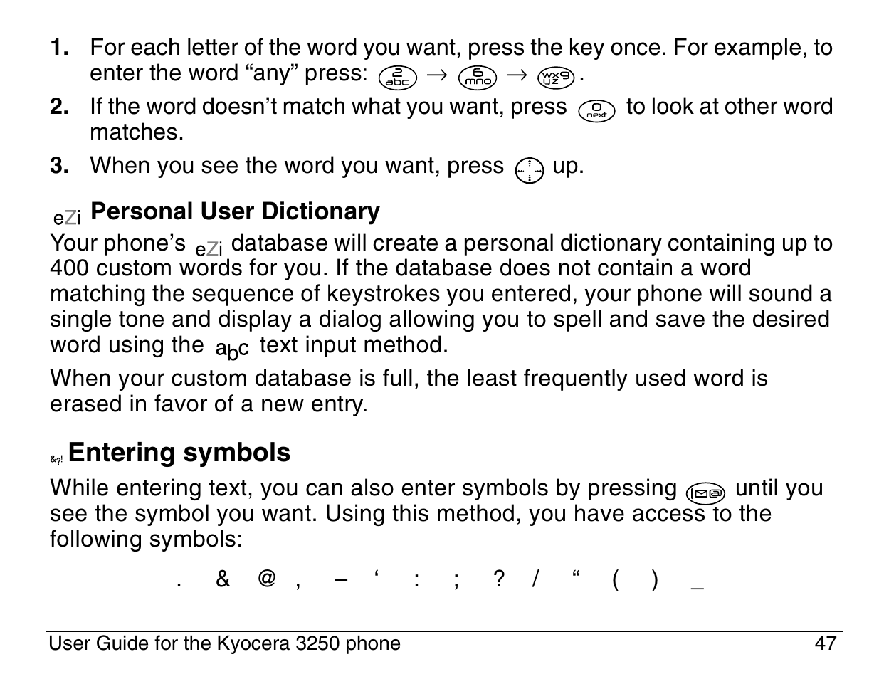 Entering symbols | Kyocera 3200 series User Manual | Page 65 / 155