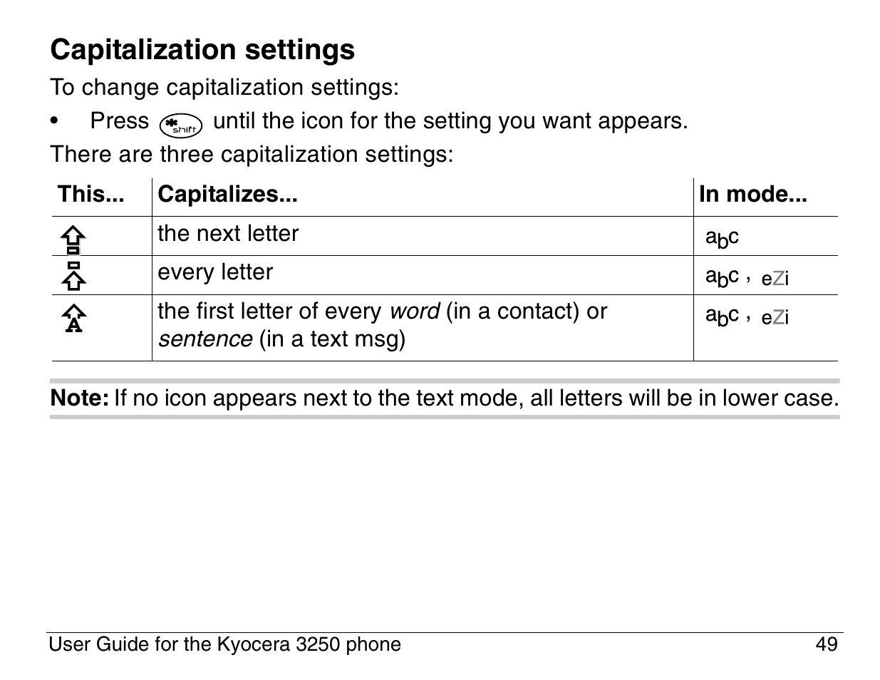 Capitalization settings | Kyocera 3200 series User Manual | Page 67 / 155