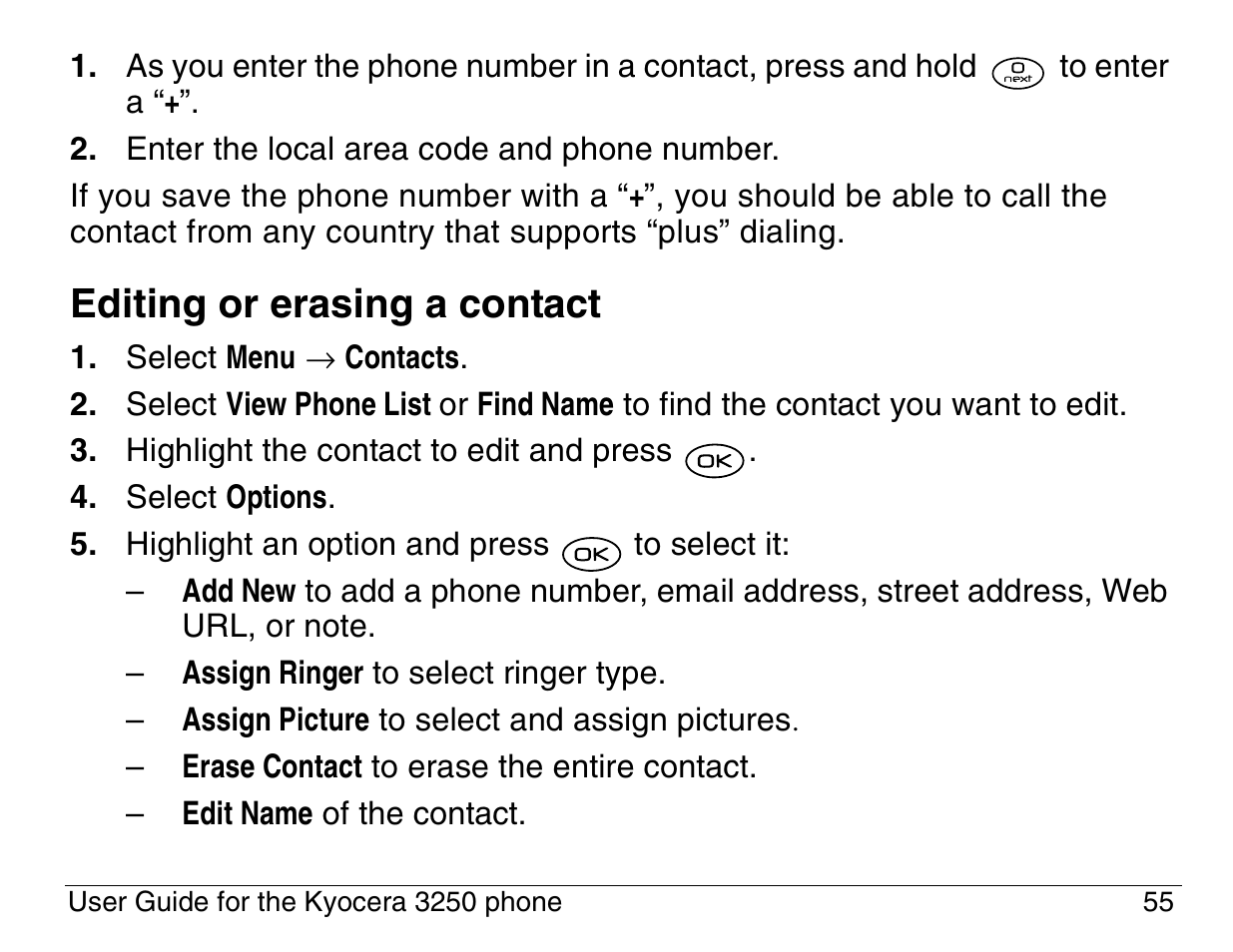 Editing or erasing a contact | Kyocera 3200 series User Manual | Page 73 / 155