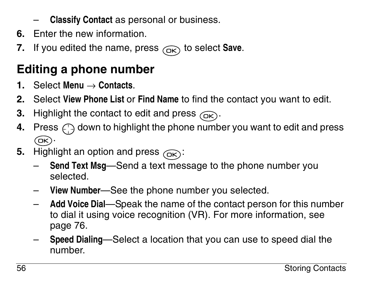 Editing a phone number | Kyocera 3200 series User Manual | Page 74 / 155