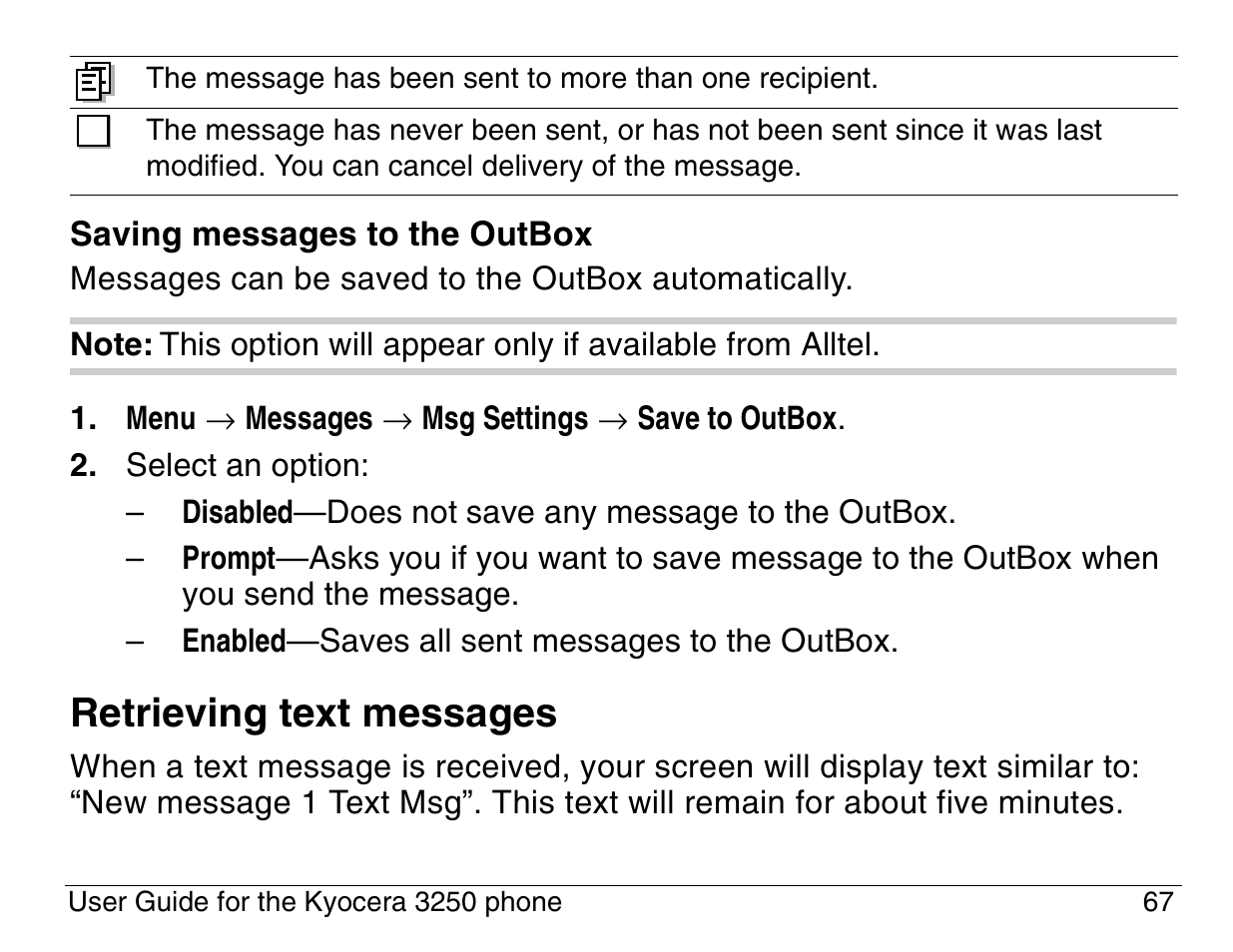 Retrieving text messages | Kyocera 3200 series User Manual | Page 85 / 155