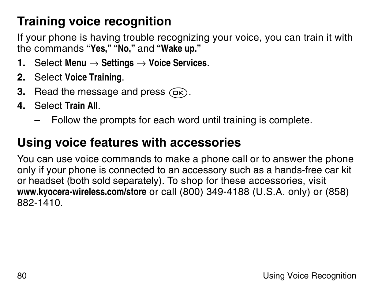 Training voice recognition, Using voice features with accessories | Kyocera 3200 series User Manual | Page 98 / 155