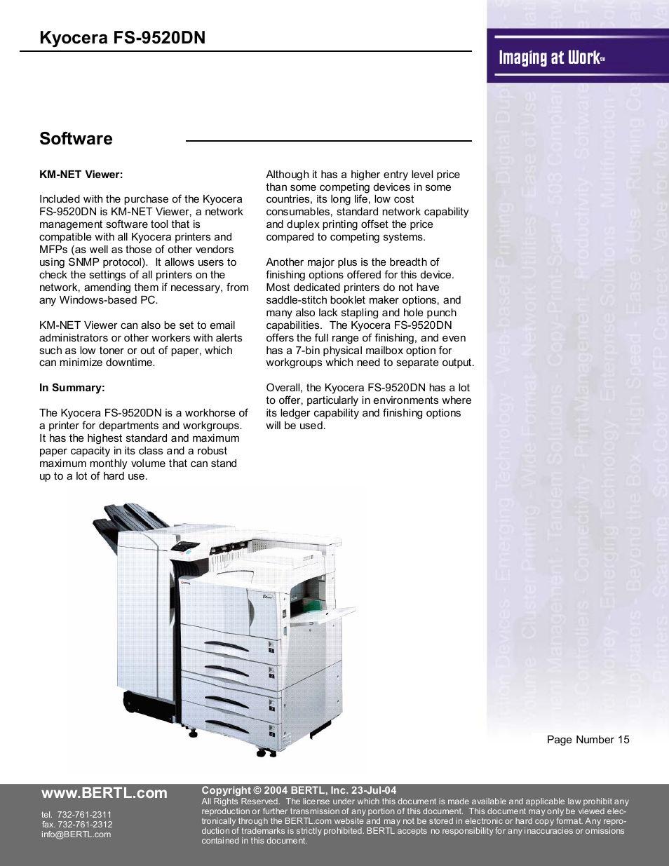 Imaging at work, Kyocera fs-9520dn, Software | Kyocera FS-9520DN User Manual | Page 16 / 16