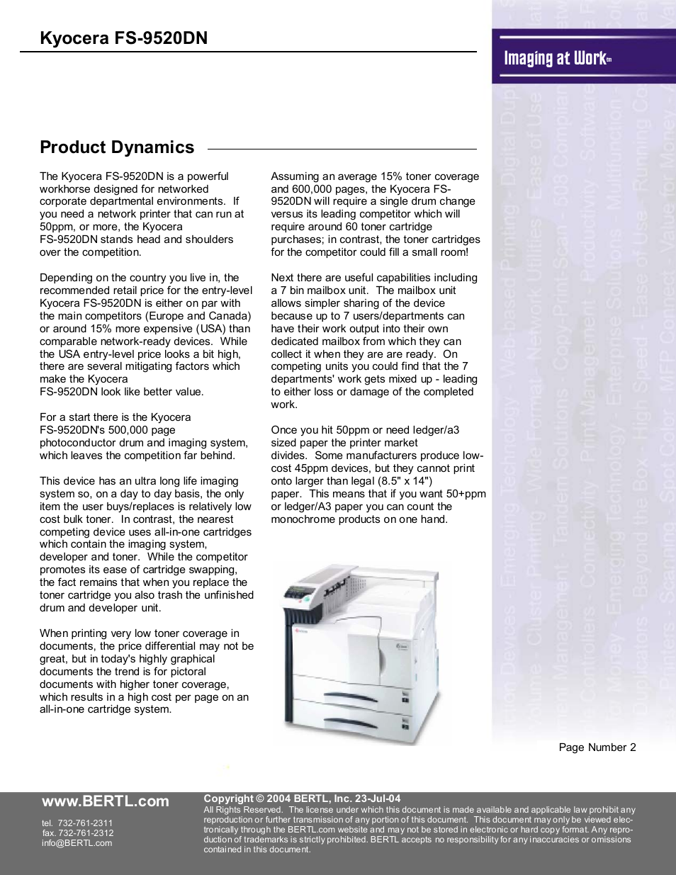 Imaging at work, Kyocera fs-9520dn, Product dynamics | Kyocera FS-9520DN User Manual | Page 3 / 16