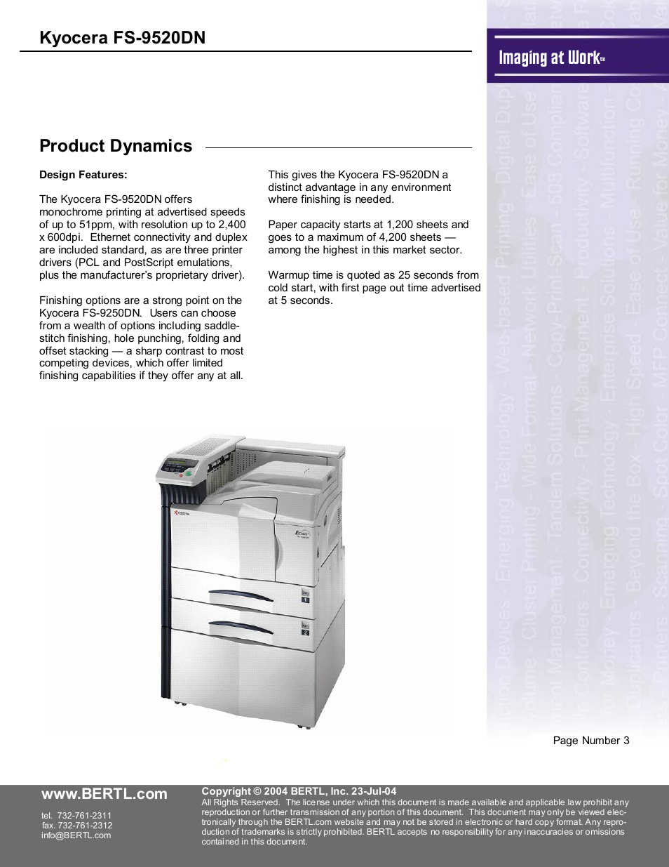 Imaging at work, Kyocera fs-9520dn, Product dynamics | Kyocera FS-9520DN User Manual | Page 4 / 16