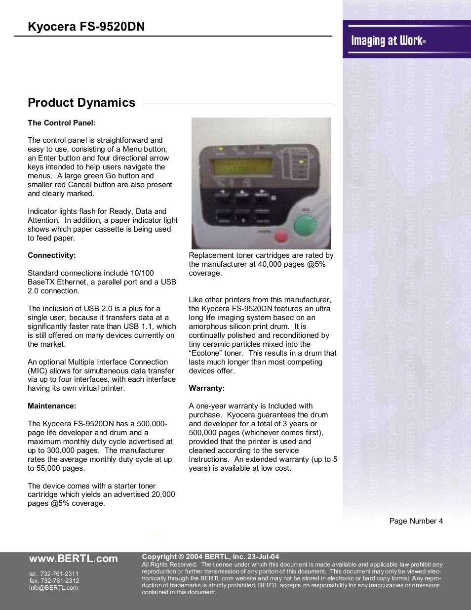 Imaging at work, Kyocera fs-9520dn, Product dynamics | Kyocera FS-9520DN User Manual | Page 5 / 16