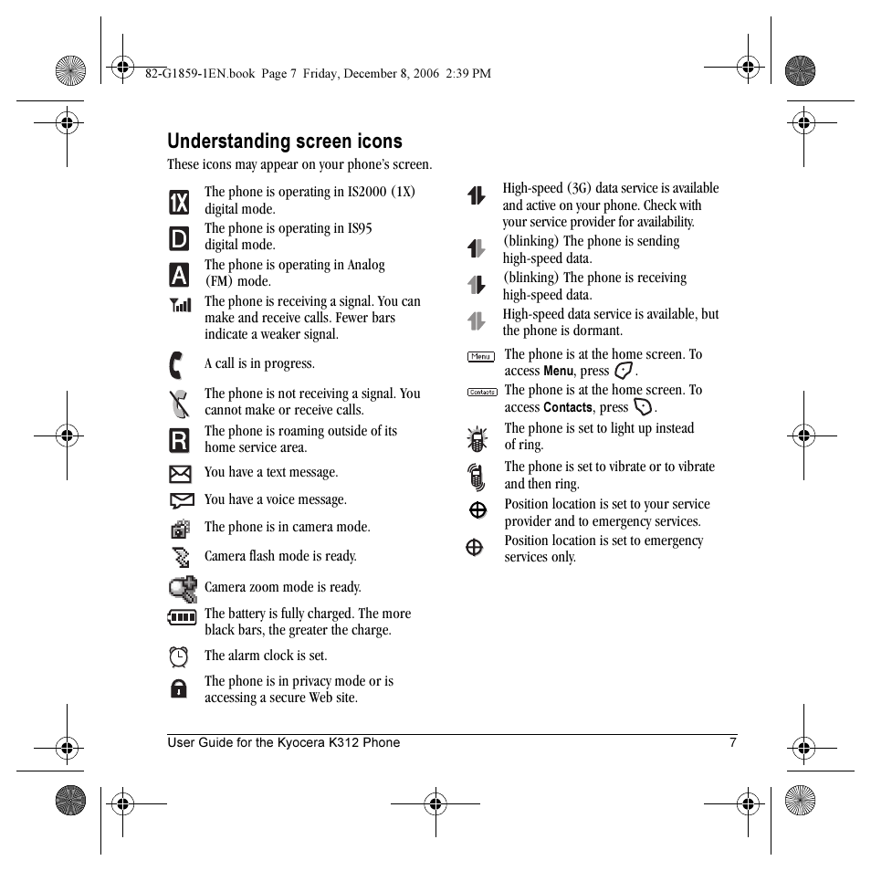 Understanding screen icons | Kyocera K312 User Manual | Page 13 / 72