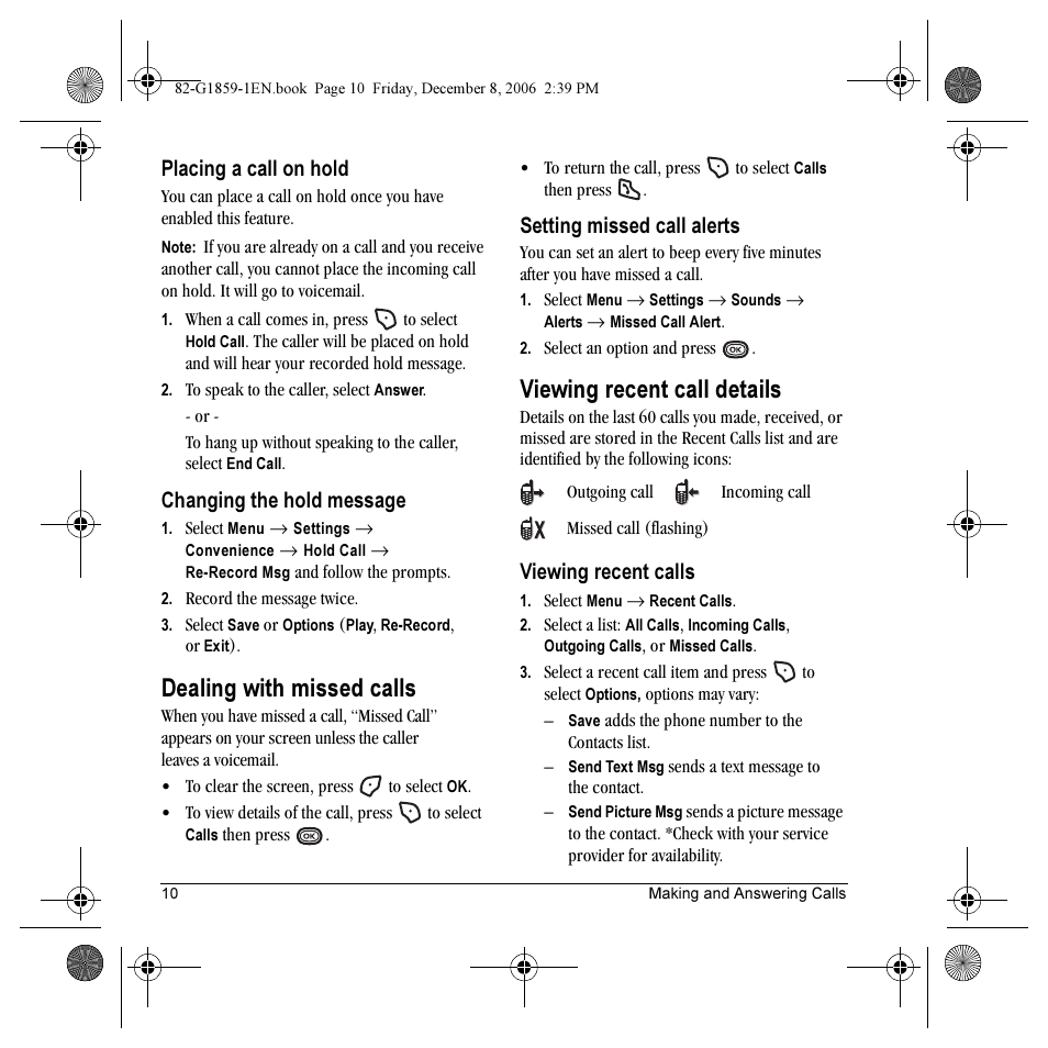 Dealing with missed calls, Viewing recent call details, Placing a call on hold | Changing the hold message, Setting missed call alerts, Viewing recent calls | Kyocera K312 User Manual | Page 16 / 72