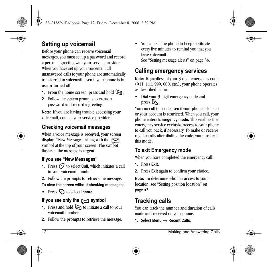 Setting up voicemail, Calling emergency services, Tracking calls | Kyocera K312 User Manual | Page 18 / 72