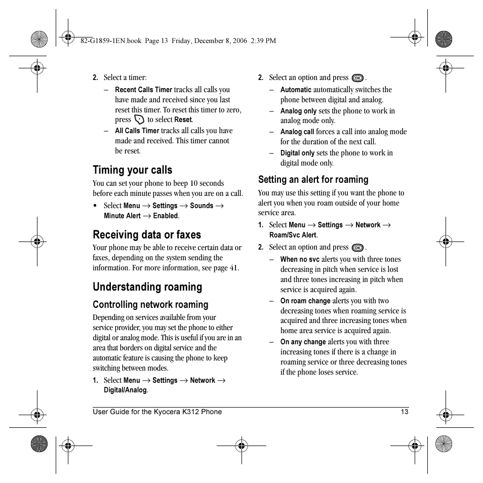 Timing your calls, Receiving data or faxes, Understanding roaming | Kyocera K312 User Manual | Page 19 / 72