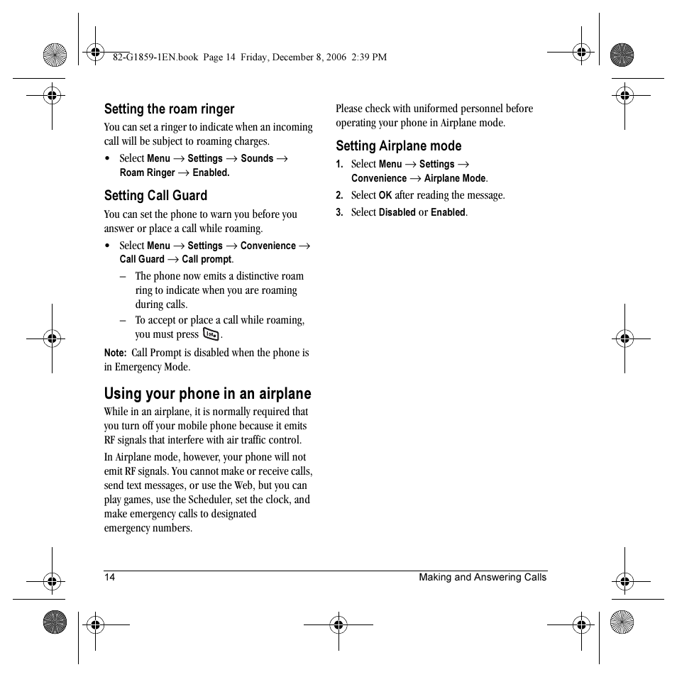 Using your phone in an airplane, Setting the roam ringer, Setting call guard | Setting airplane mode | Kyocera K312 User Manual | Page 20 / 72