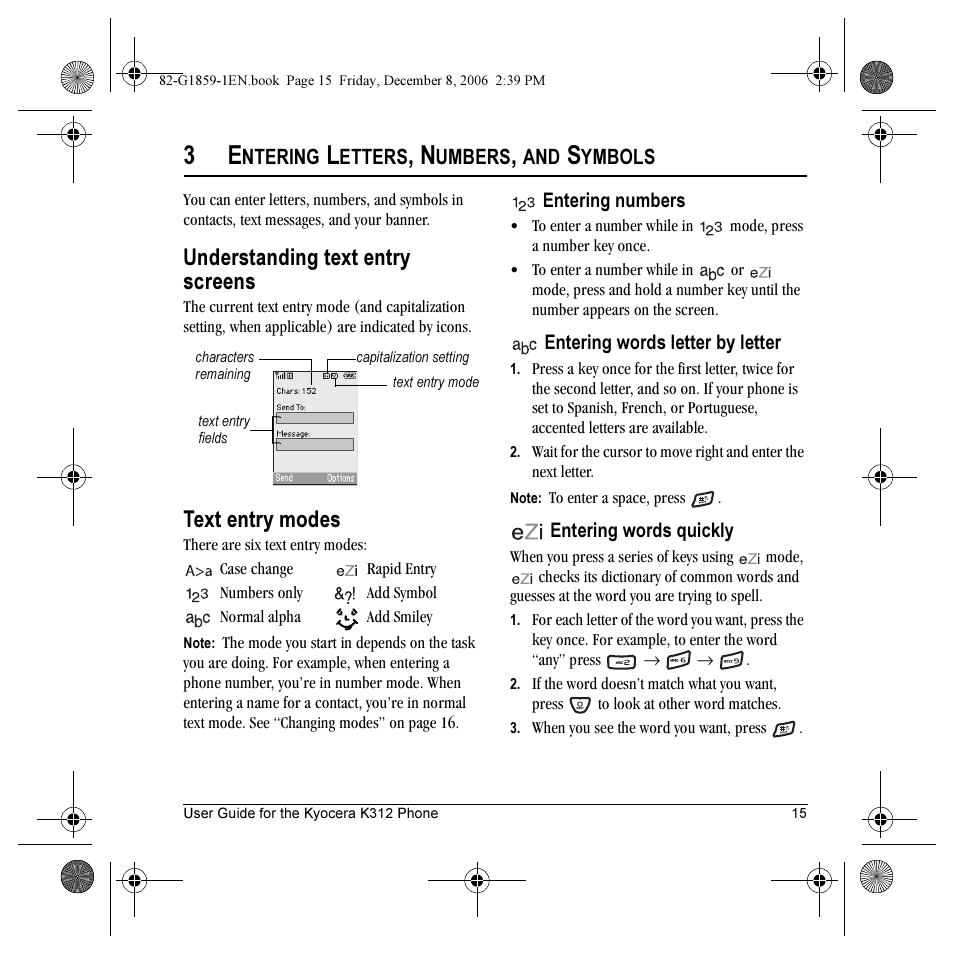 Understanding text entry screens, Text entry modes | Kyocera K312 User Manual | Page 21 / 72