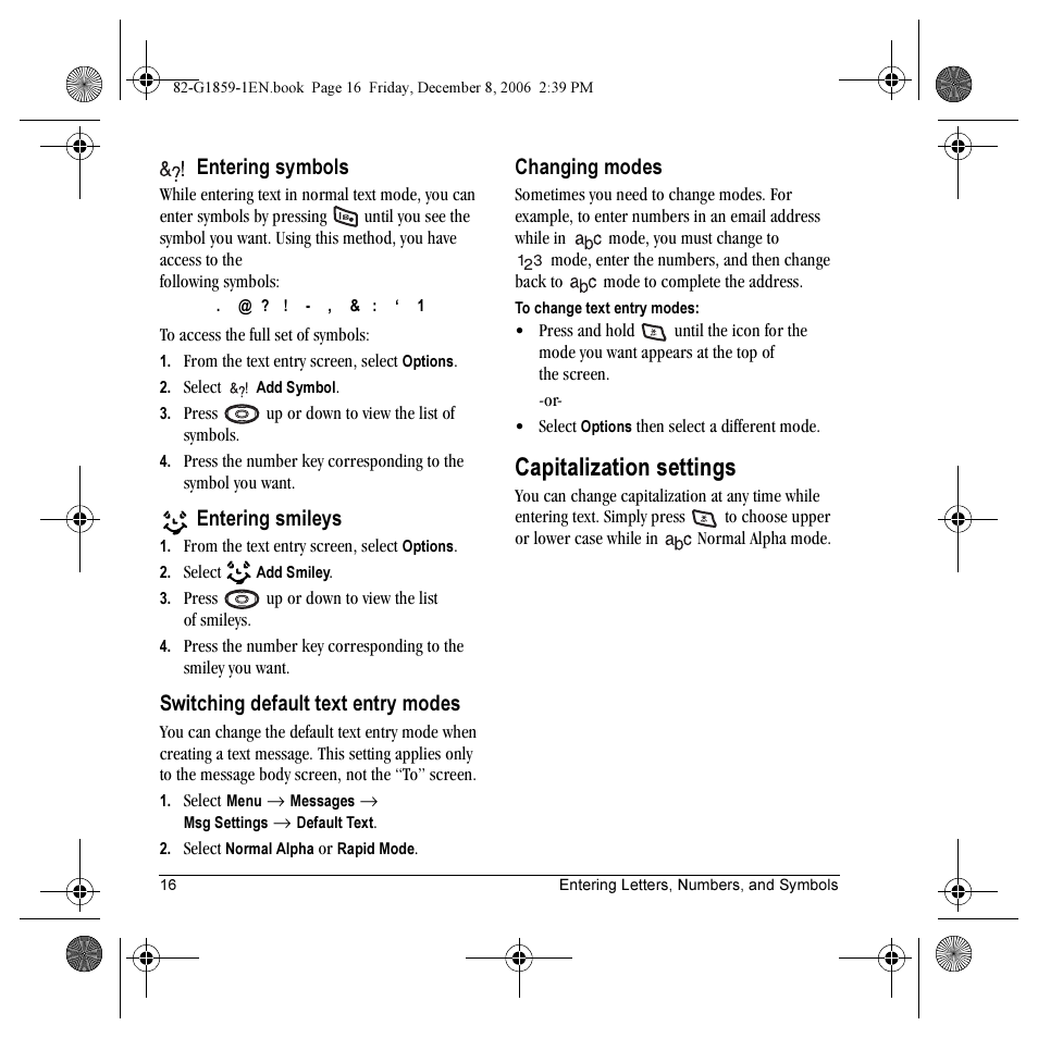Capitalization settings, Entering symbols, Entering smileys | Switching default text entry modes, Changing modes | Kyocera K312 User Manual | Page 22 / 72