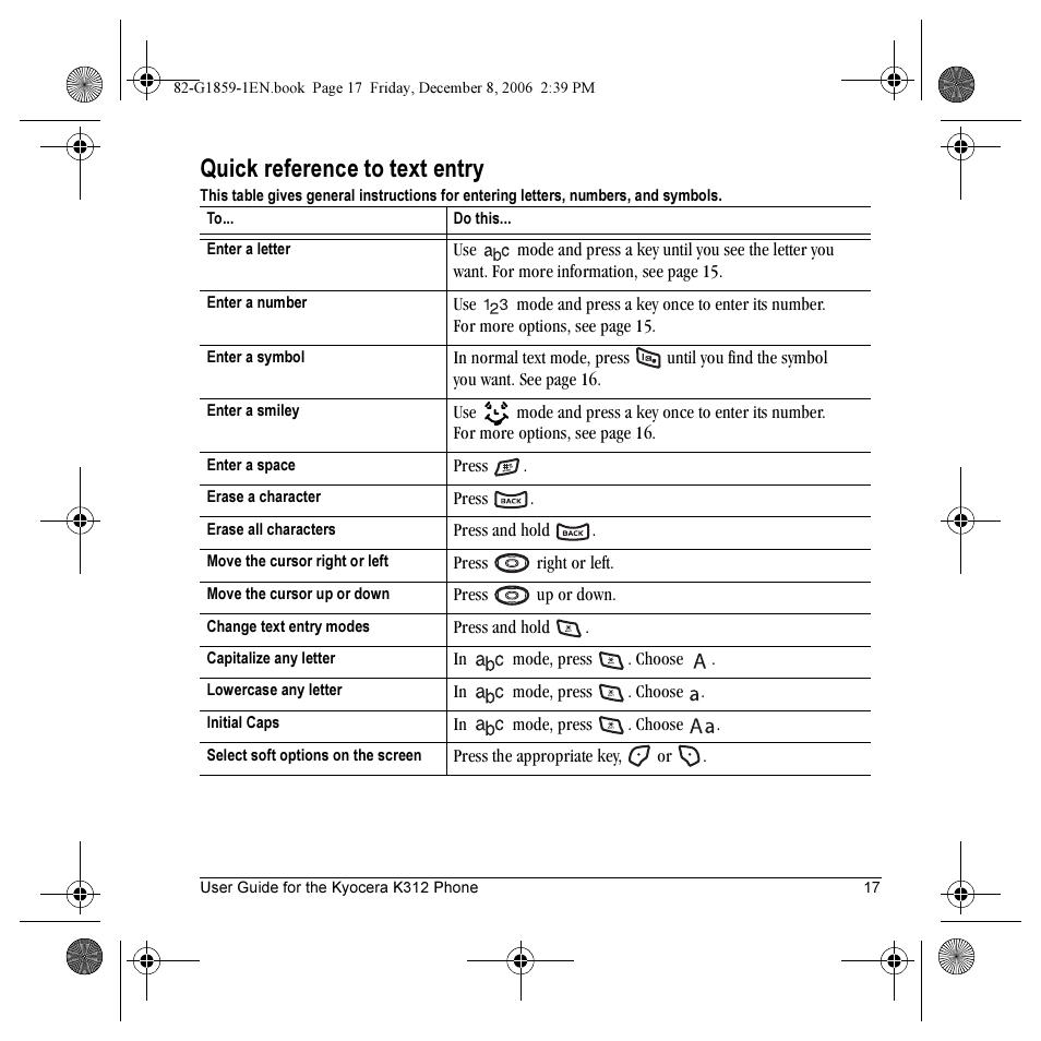 Quick reference to text entry | Kyocera K312 User Manual | Page 23 / 72