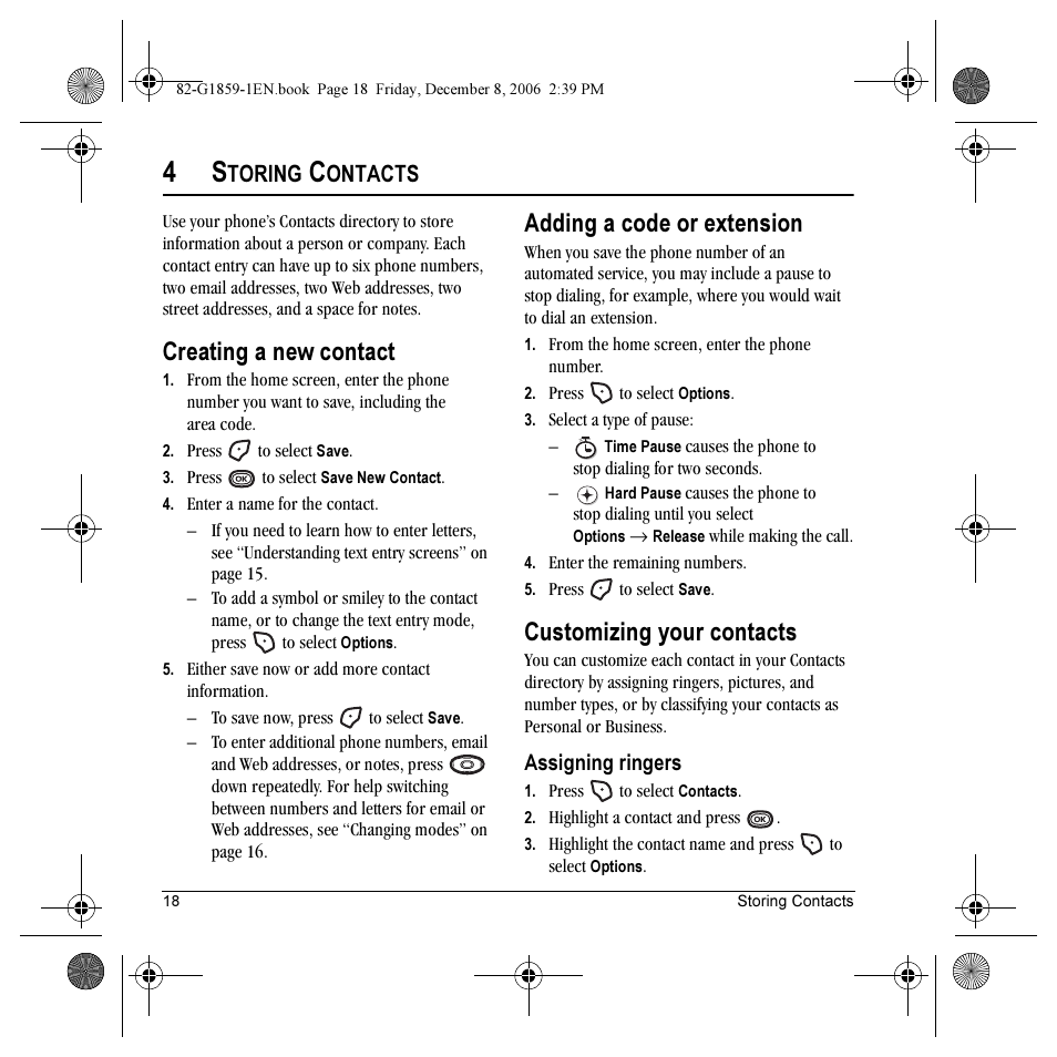 Creating a new contact, Adding a code or extension, Customizing your contacts | Toring, Ontacts | Kyocera K312 User Manual | Page 24 / 72