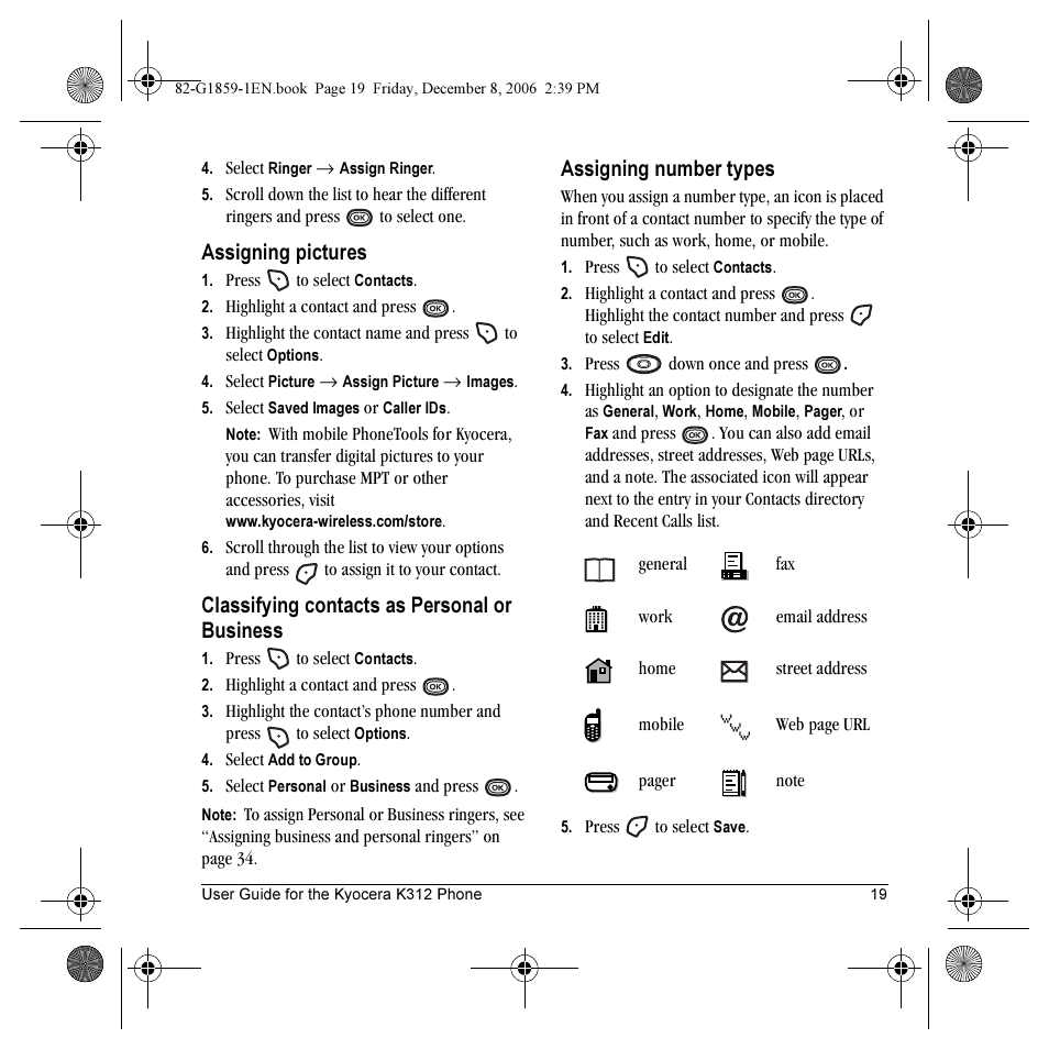 Assigning pictures, Classifying contacts as personal or business, Assigning number types | Kyocera K312 User Manual | Page 25 / 72
