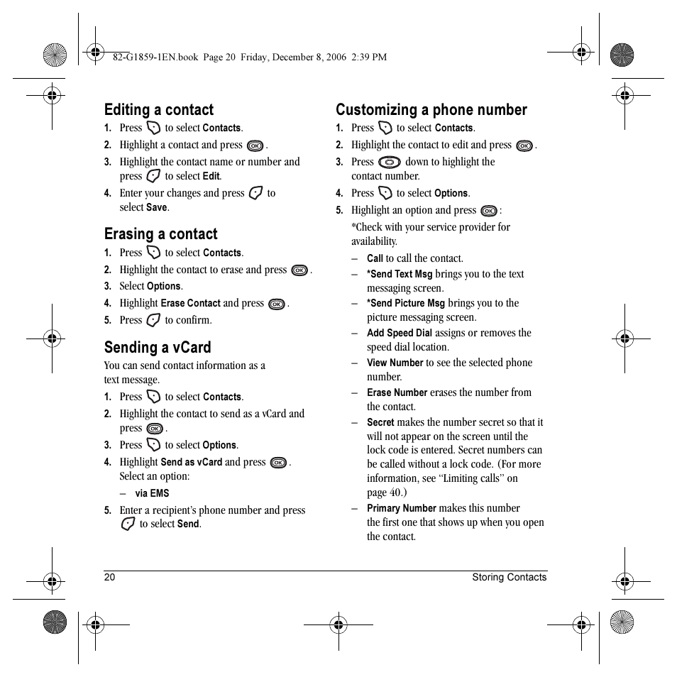 Editing a contact, Erasing a contact, Sending a vcard | Customizing a phone number | Kyocera K312 User Manual | Page 26 / 72