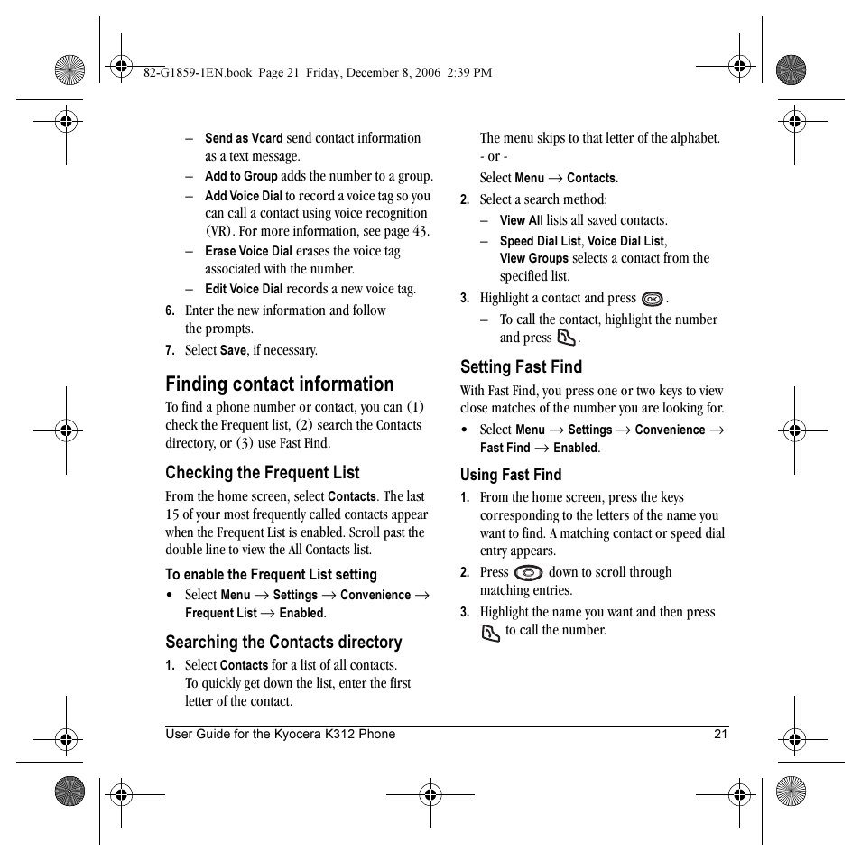 Finding contact information, Checking the frequent list, Searching the contacts directory | Setting fast find | Kyocera K312 User Manual | Page 27 / 72