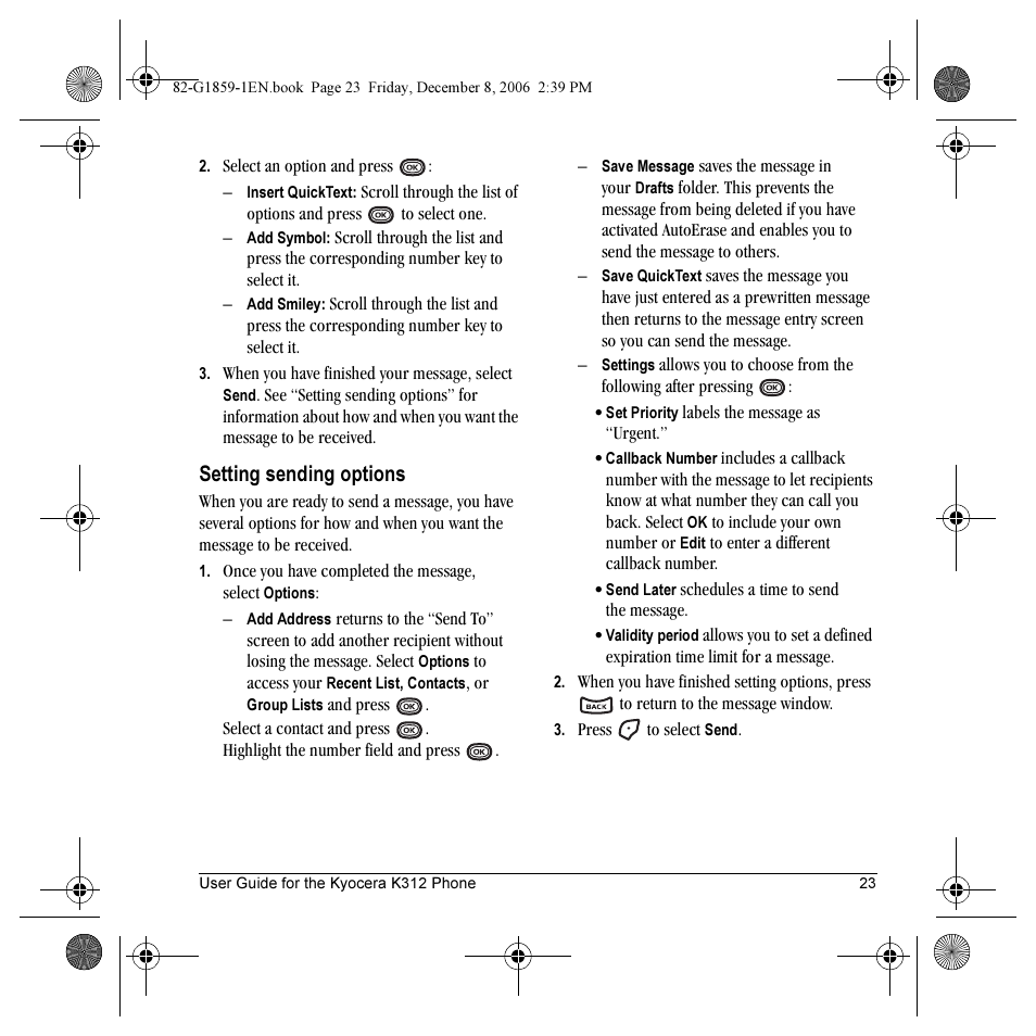 Setting sending options | Kyocera K312 User Manual | Page 29 / 72