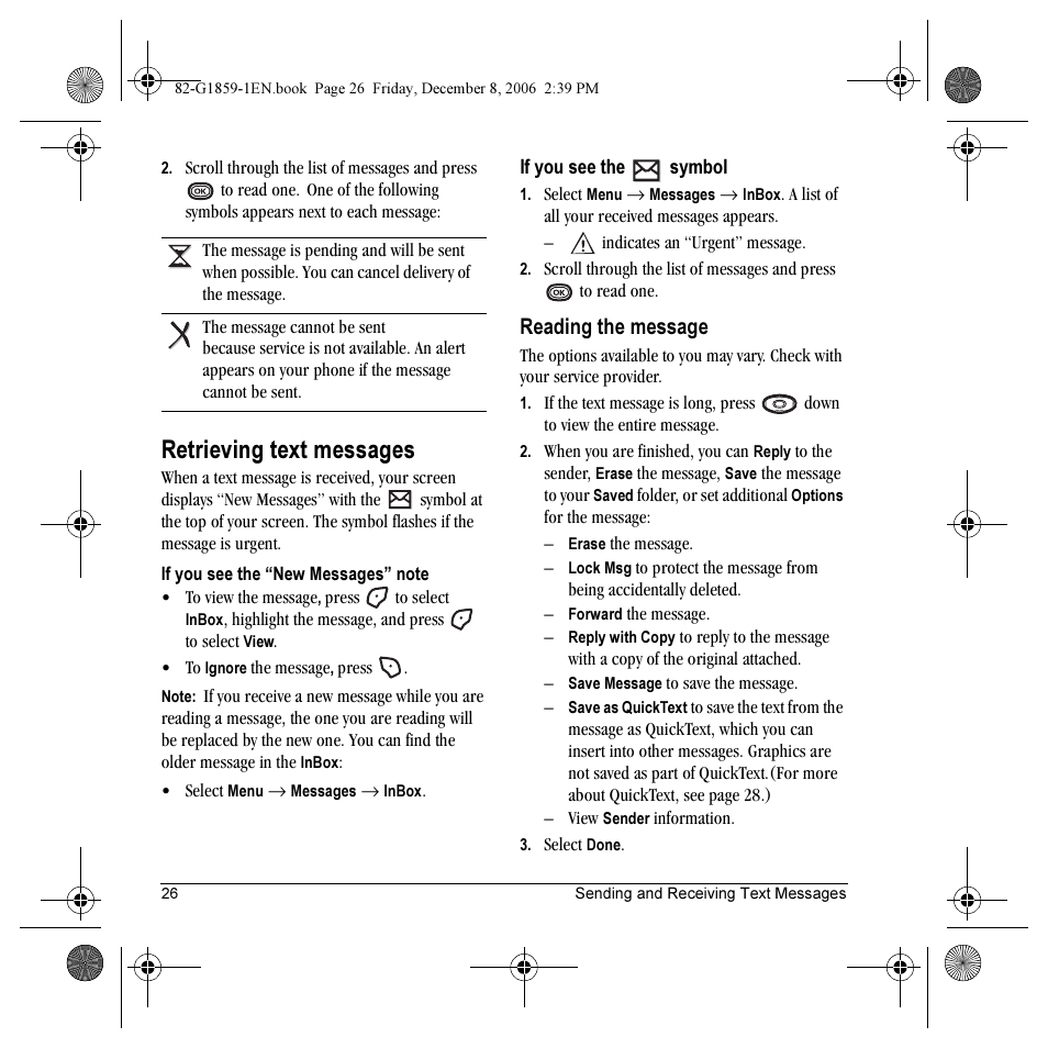 Retrieving text messages, Reading the message | Kyocera K312 User Manual | Page 32 / 72