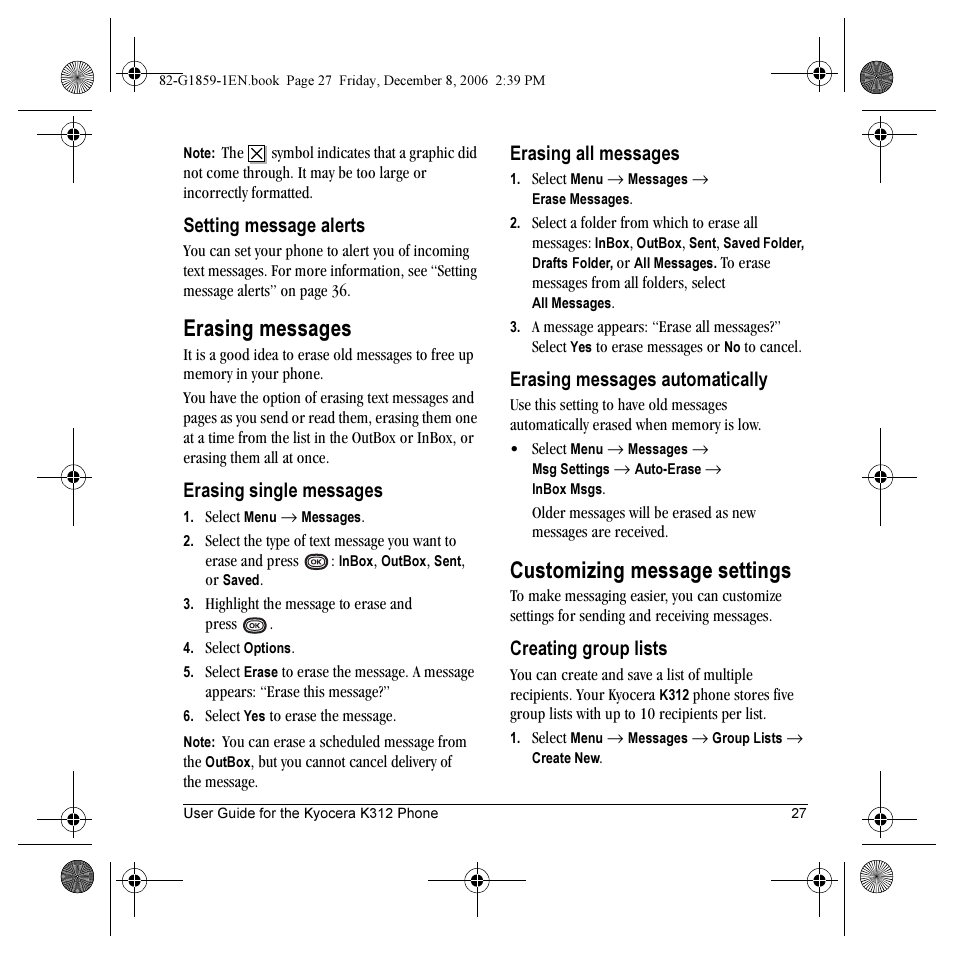 Erasing messages, Customizing message settings, Setting message alerts | Erasing single messages, Erasing all messages, Erasing messages automatically, Creating group lists | Kyocera K312 User Manual | Page 33 / 72