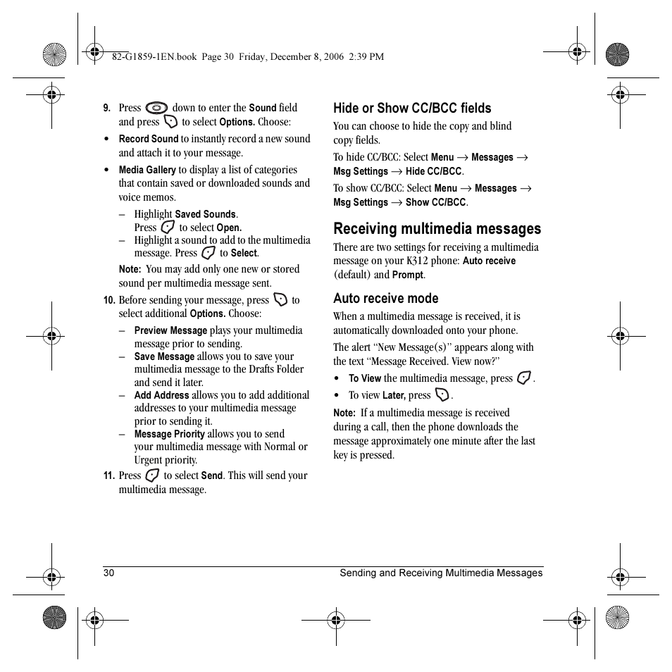 Receiving multimedia messages, Hide or show cc/bcc fields, Auto receive mode | Kyocera K312 User Manual | Page 36 / 72