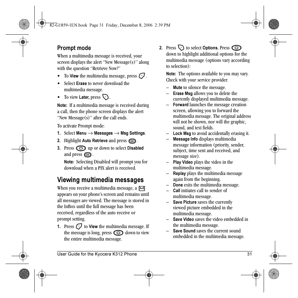 Viewing multimedia messages, Prompt mode | Kyocera K312 User Manual | Page 37 / 72