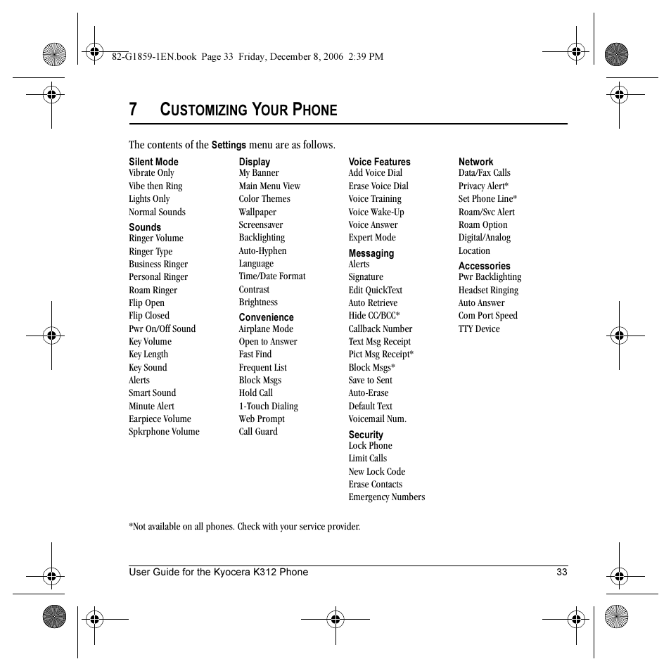 Ustomizing, Hone | Kyocera K312 User Manual | Page 39 / 72