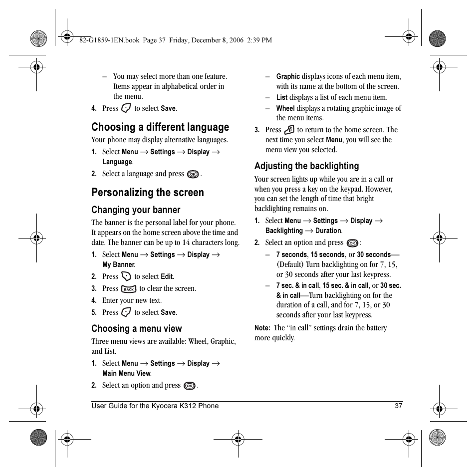 Choosing a different language, Personalizing the screen, Changing your banner | Choosing a menu view, Adjusting the backlighting | Kyocera K312 User Manual | Page 43 / 72