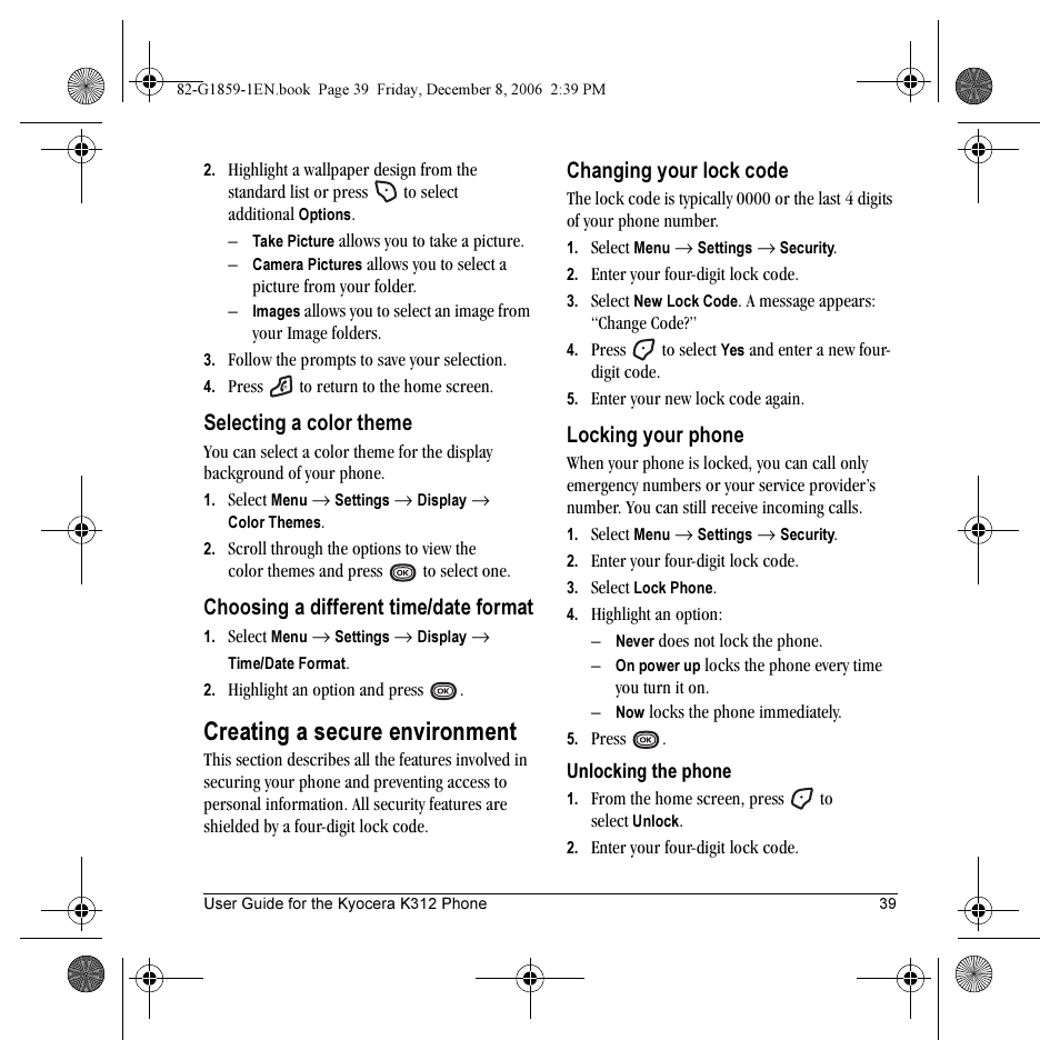 Creating a secure environment, Selecting a color theme, Choosing a different time/date format | Changing your lock code, Locking your phone | Kyocera K312 User Manual | Page 45 / 72