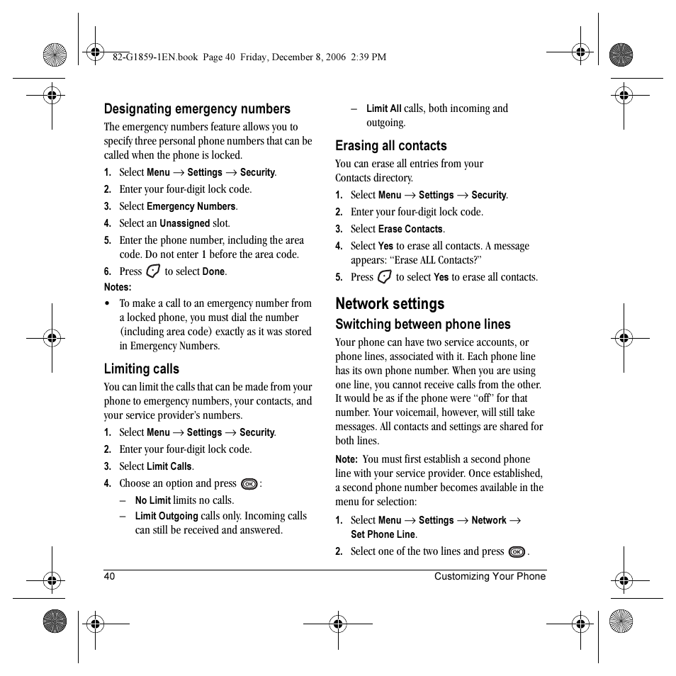 Network settings, Designating emergency numbers, Limiting calls | Erasing all contacts, Switching between phone lines | Kyocera K312 User Manual | Page 46 / 72