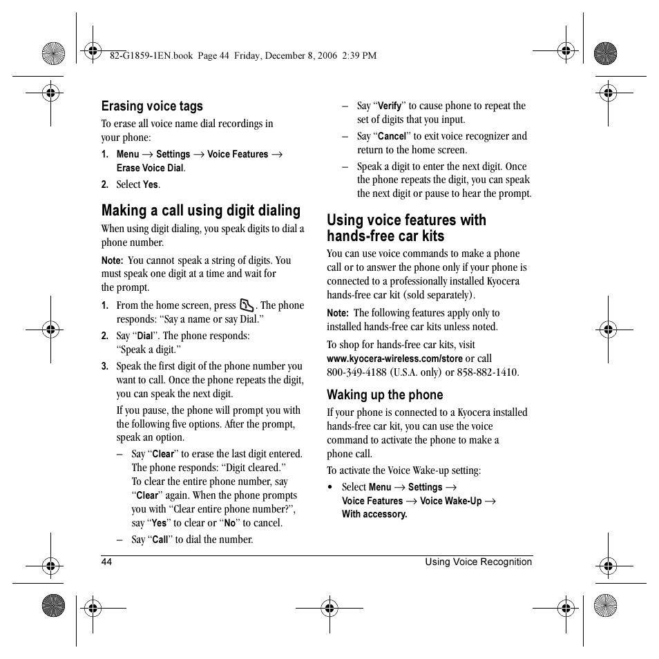 Making a call using digit dialing, Using voice features with hands-free car kits, Erasing voice tags | Waking up the phone | Kyocera K312 User Manual | Page 50 / 72