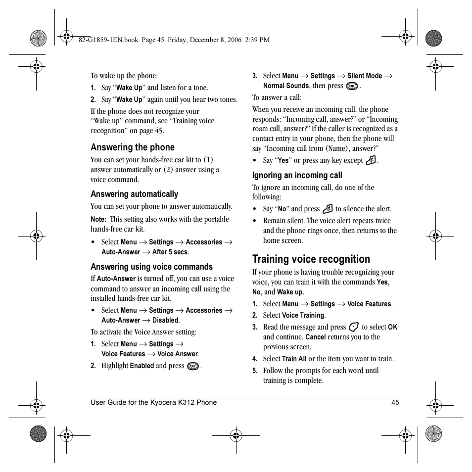 Training voice recognition, Answering the phone | Kyocera K312 User Manual | Page 51 / 72