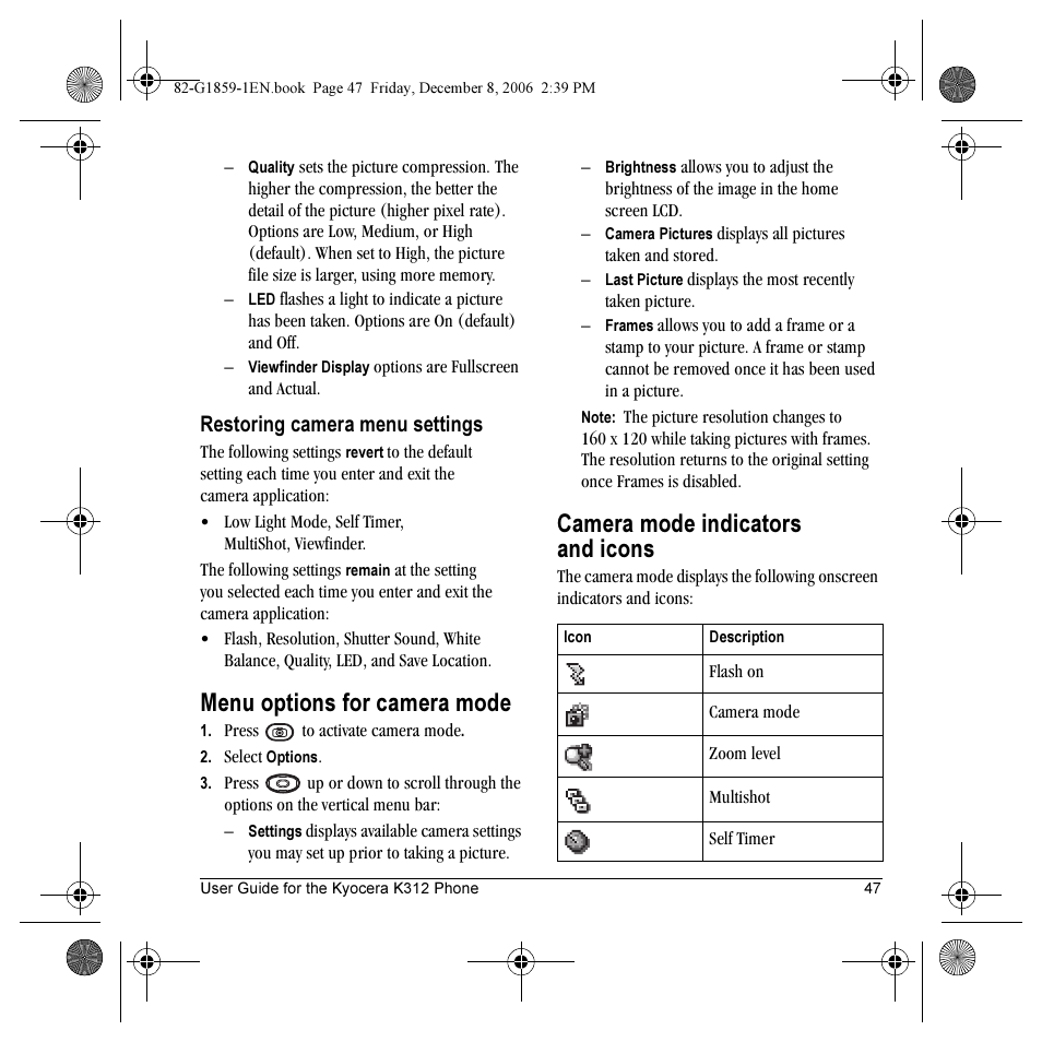 Menu options for camera mode, Camera mode indicators and icons | Kyocera K312 User Manual | Page 53 / 72