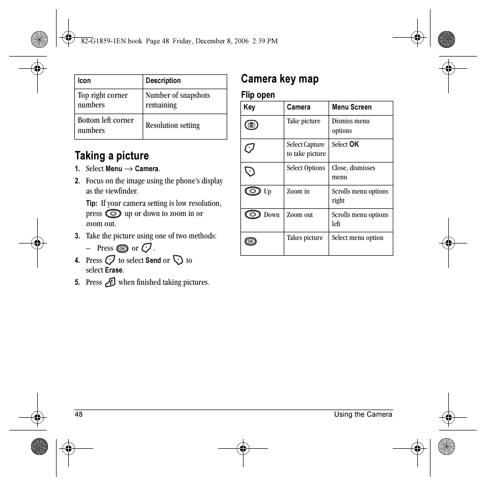 Taking a picture, Camera key map | Kyocera K312 User Manual | Page 54 / 72